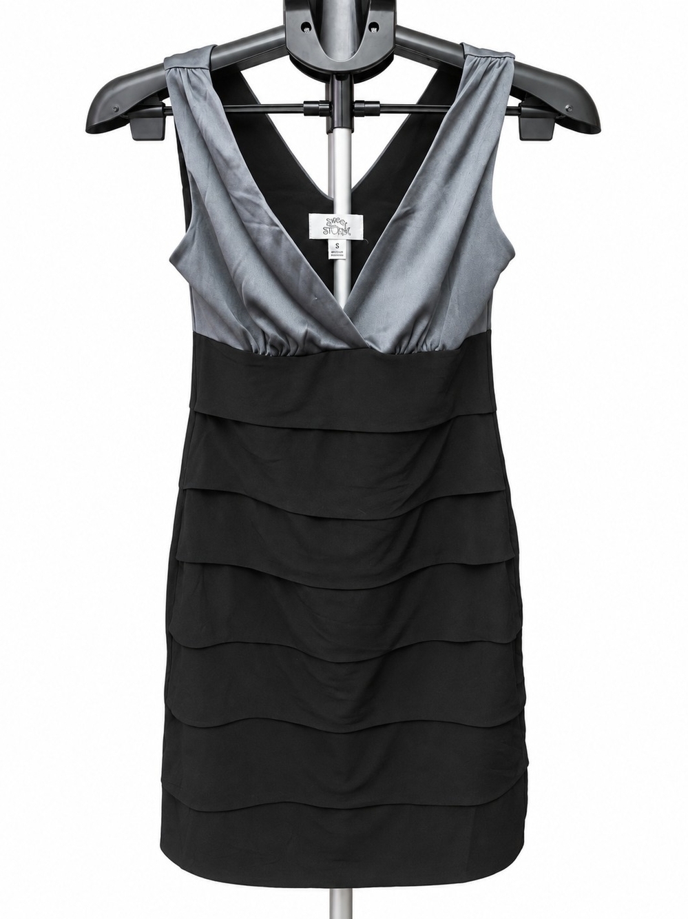 Sweet Storm V-Neck Tiered Mini Dress in Gray and Black